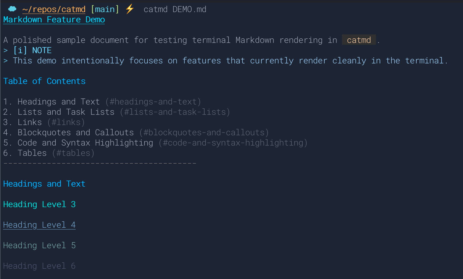 catmd rendering a Markdown document in the terminal with colored headings, links and formatted lists.