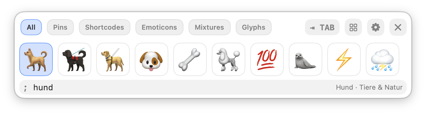 Emoji Picker showing dog-related results for the search “hund”.